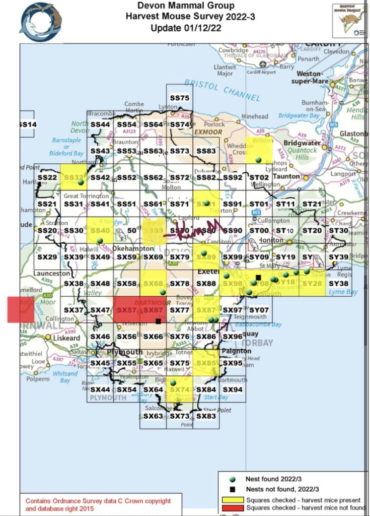 Map to show where harvest mouse nests have been found in Devon this year.
